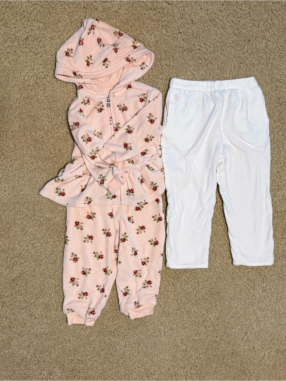 Ralph Lauren Floral Velour Pant set & white and pink reversible logo trousers